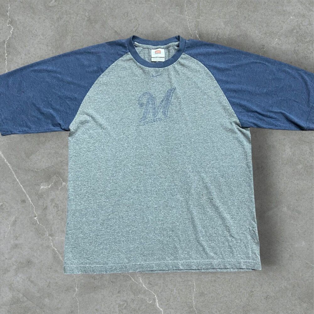 Nike Vintage 90s Ragland MLB Milwaukee Brewers 3/4 Tee Grey Navy Men's Size L